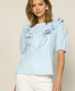 SKIES ARE BLUE Striped Ruffle Detail Top New In Clothing