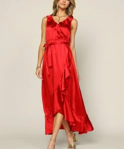 SKIES ARE BLUE Satin Ruffled Maxi Dress New In Clothing