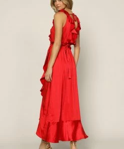 SKIES ARE BLUE Satin Ruffled Maxi Dress New In Clothing