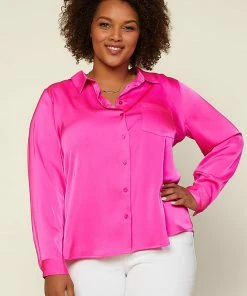 SKIES ARE BLUE New In Plus Size Plus Size - Satin Button Down Shirt