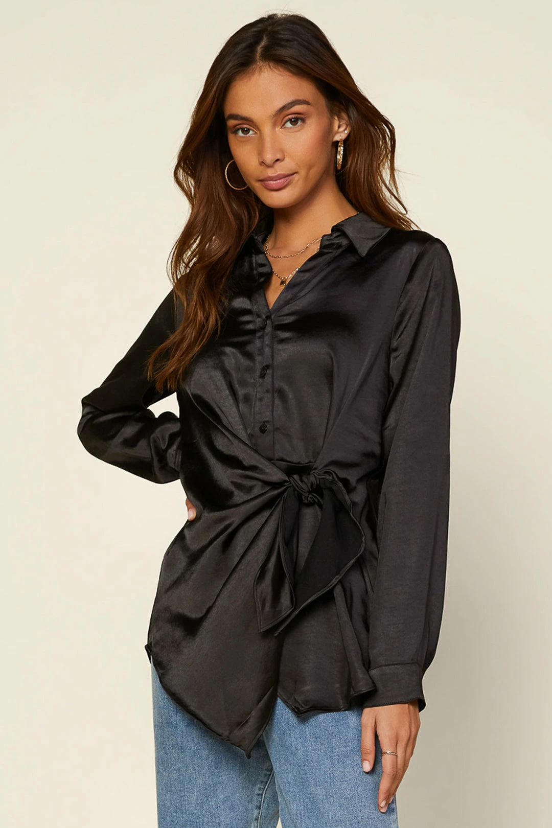 SKIES ARE BLUE Clothing Front Tie Satin Top 3 SKIES ARE BLUE Clothing Front Tie Satin Top