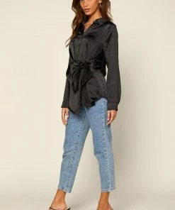 SKIES ARE BLUE Clothing Front Tie Satin Top