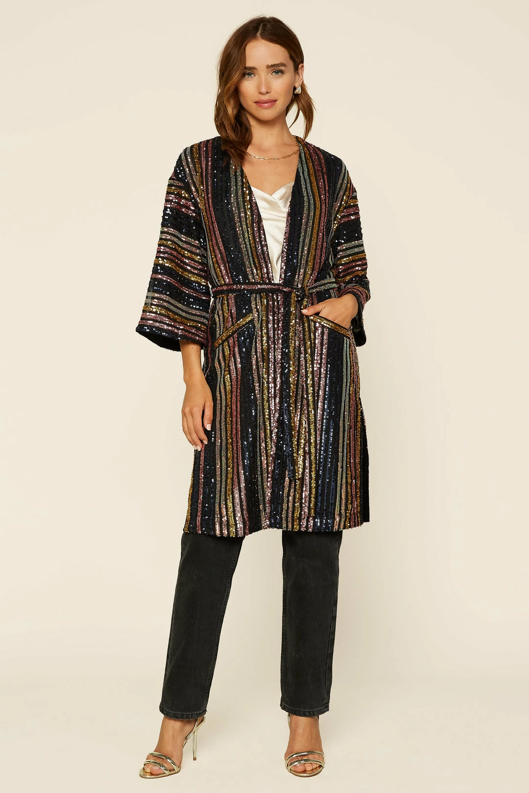 SKIES ARE BLUE Striped Sequin Kimono Clothing 3 SKIES ARE BLUE Striped Sequin Kimono Clothing