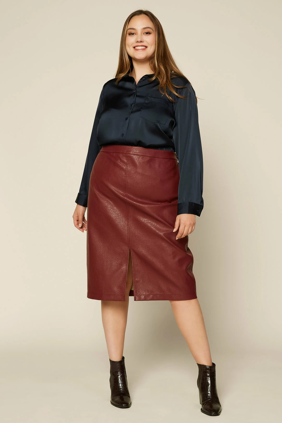 SKIES ARE BLUE Plus Size - Carissa Vegan Leather Midi Skirt Clothing 4 SKIES ARE BLUE Plus Size - Carissa Vegan Leather Midi Skirt Clothing
