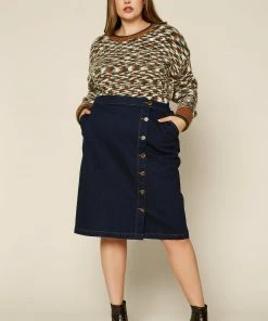SKIES ARE BLUE Clothing Plus Size - Button Denim Midi Skirt