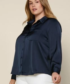 SKIES ARE BLUE Plus Size - Satin Button Down Shirt Clothing