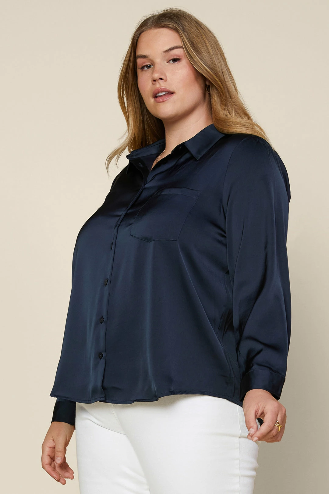 SKIES ARE BLUE Plus Size - Satin Button Down Shirt Clothing 3 SKIES ARE BLUE Plus Size - Satin Button Down Shirt Clothing