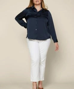 SKIES ARE BLUE Plus Size - Satin Button Down Shirt Clothing