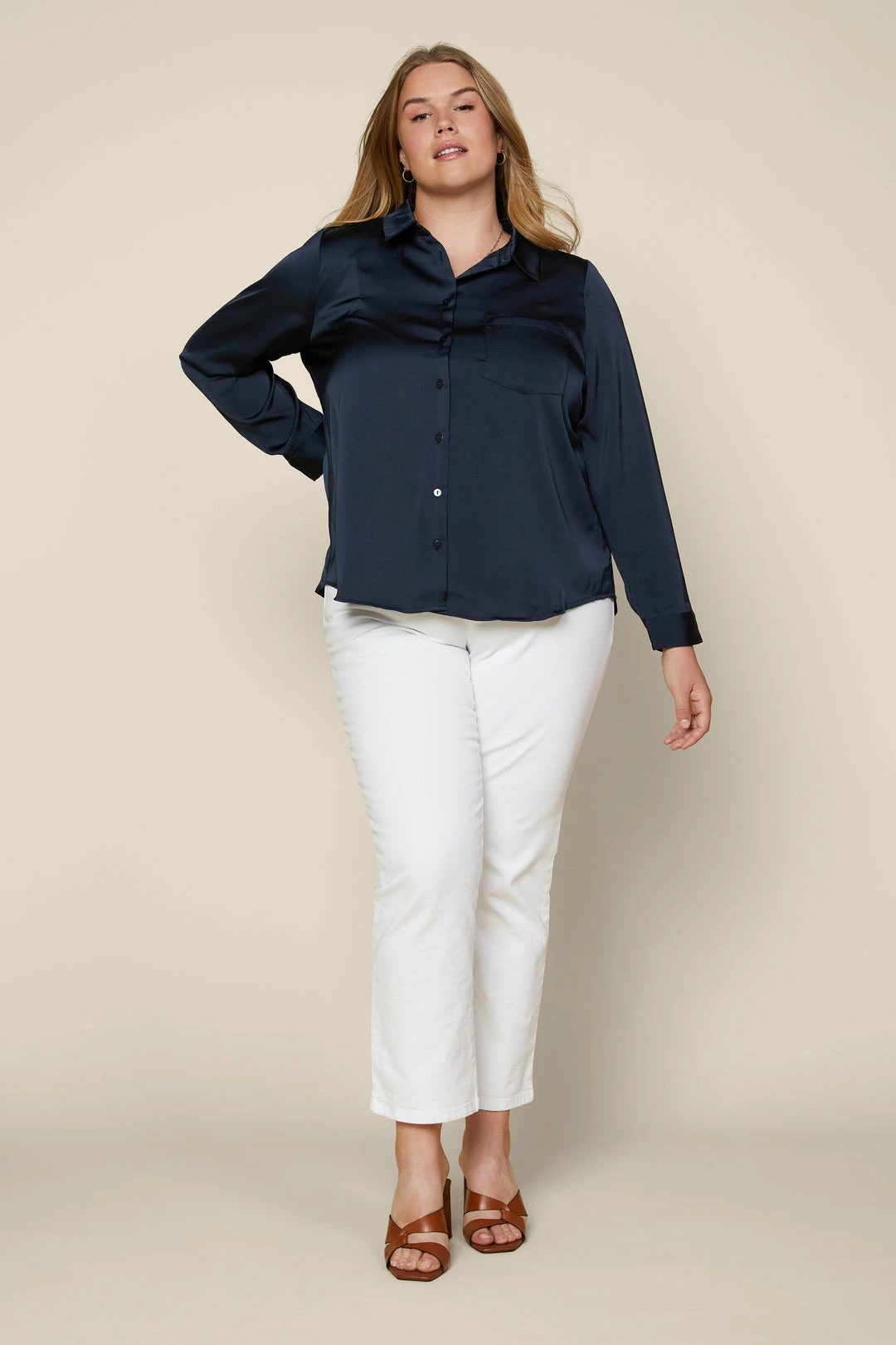 SKIES ARE BLUE Plus Size - Satin Button Down Shirt Clothing 4 SKIES ARE BLUE Plus Size - Satin Button Down Shirt Clothing