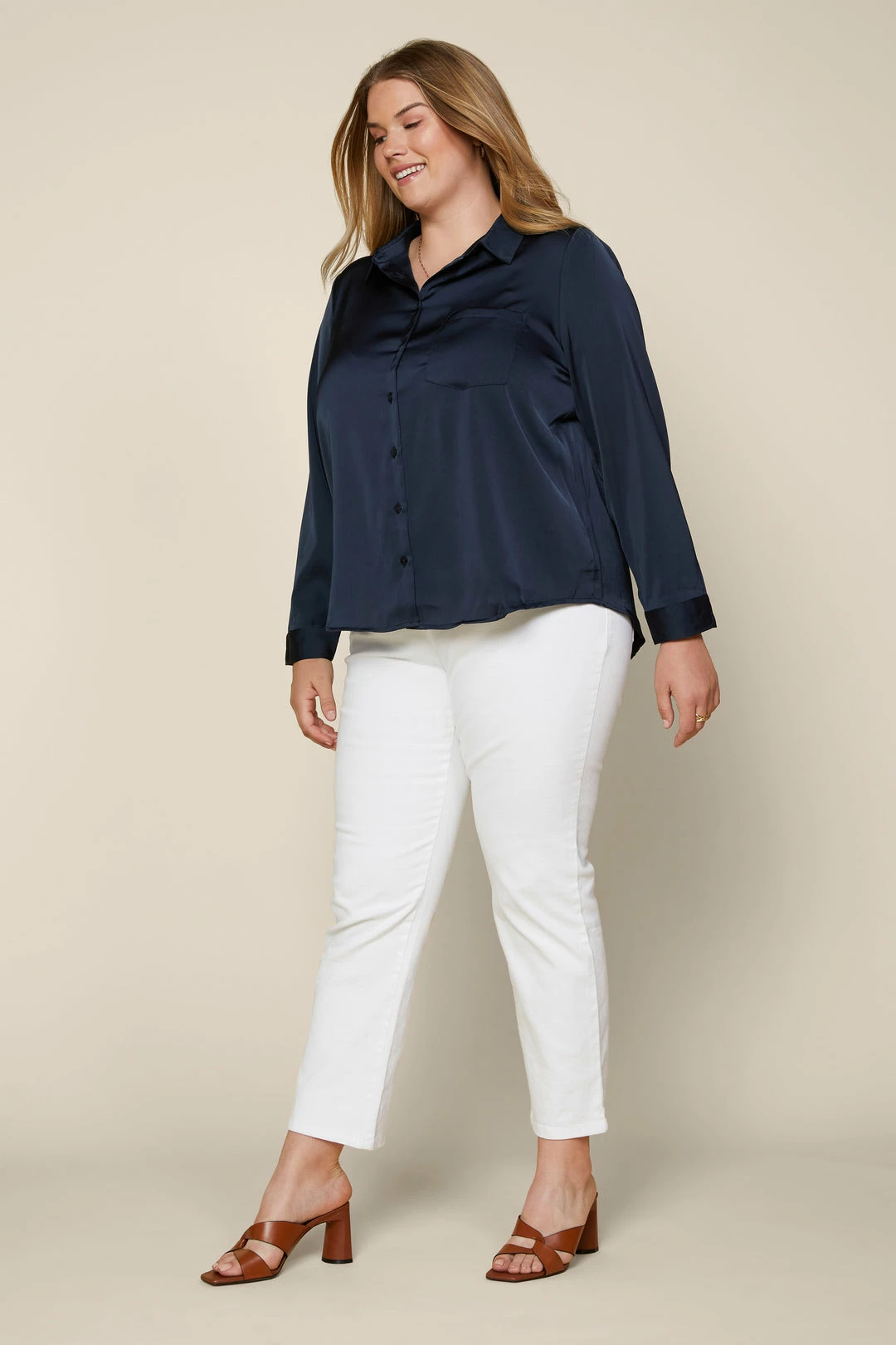 SKIES ARE BLUE Plus Size - Satin Button Down Shirt Clothing 5 SKIES ARE BLUE Plus Size - Satin Button Down Shirt Clothing