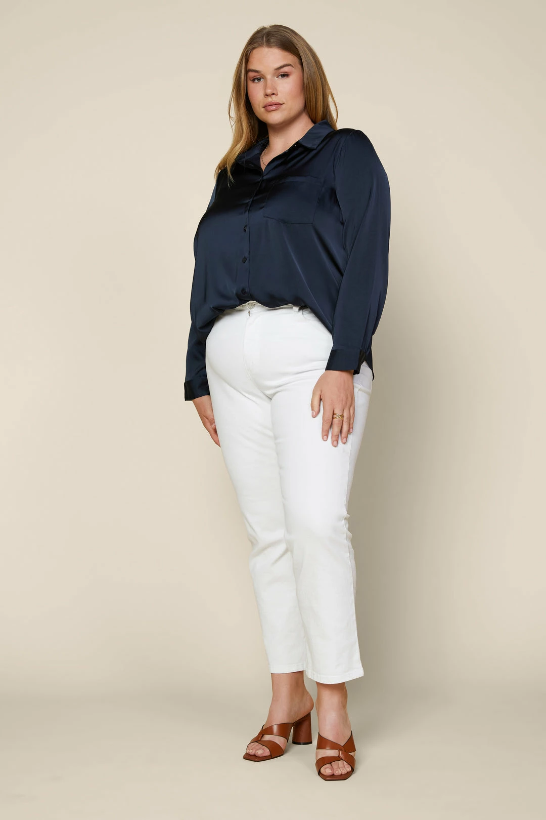 SKIES ARE BLUE Plus Size - Satin Button Down Shirt Clothing 6 SKIES ARE BLUE Plus Size - Satin Button Down Shirt Clothing