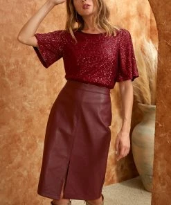 SKIES ARE BLUE Carissa Vegan Leather Midi Skirt Clothing