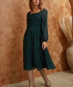 SKIES ARE BLUE Clothing Jacquard Smocked Midi Dress