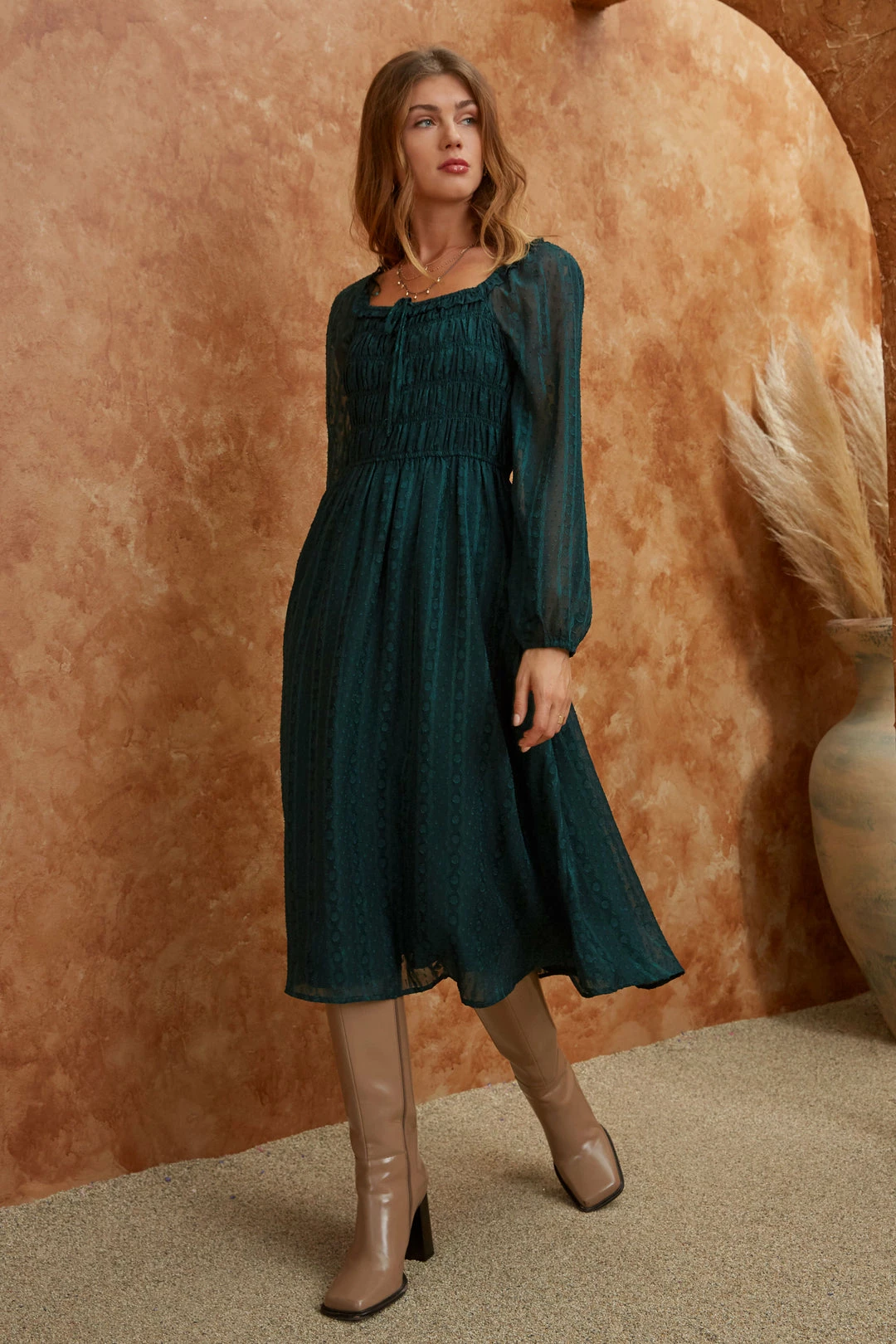 SKIES ARE BLUE Clothing Jacquard Smocked Midi Dress 3 SKIES ARE BLUE Clothing Jacquard Smocked Midi Dress