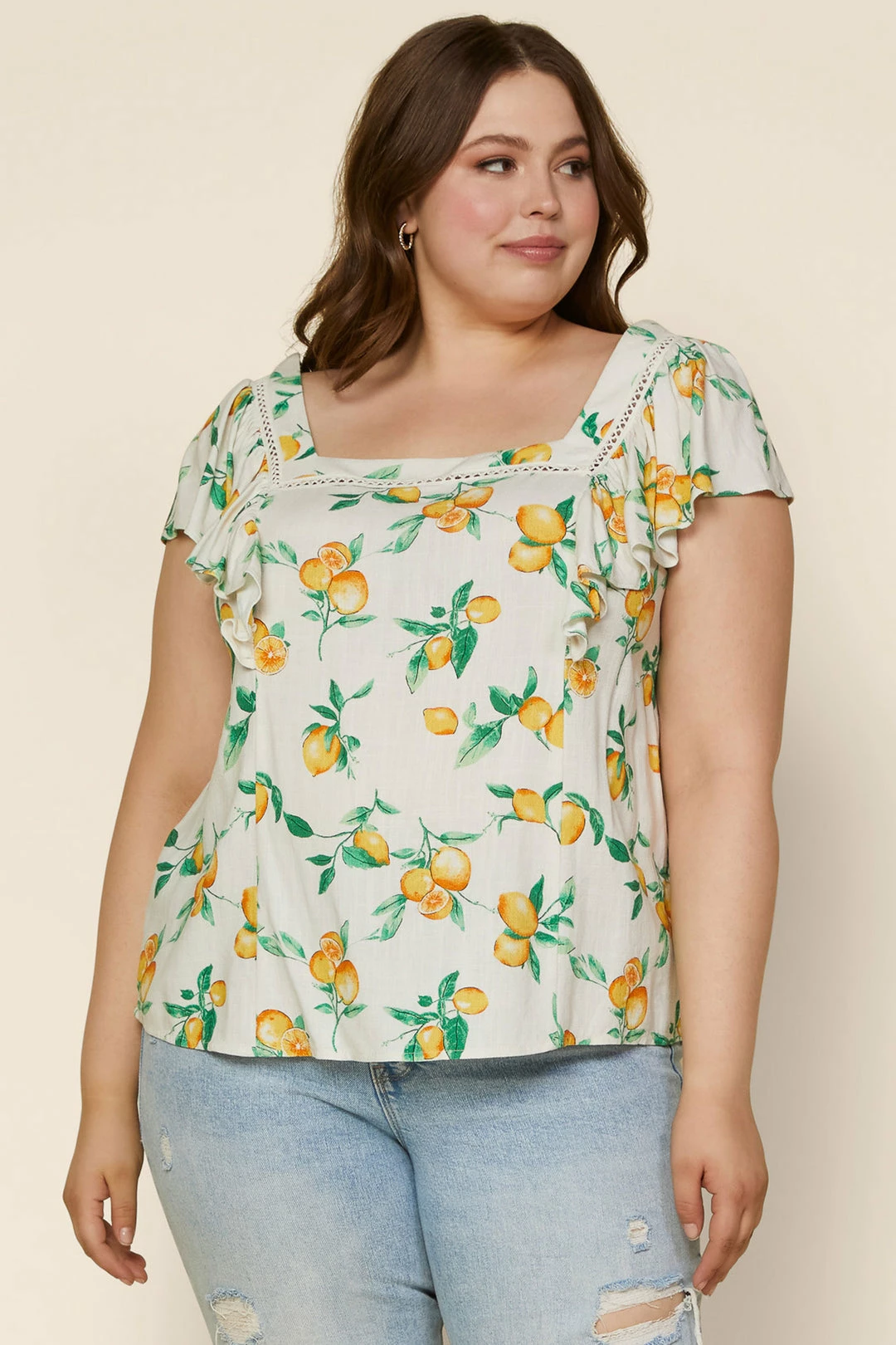 SKIES ARE BLUE New In Plus Size Plus Size - Lemon Print Ruffled Top 4 SKIES ARE BLUE New In Plus Size Plus Size - Lemon Print Ruffled Top