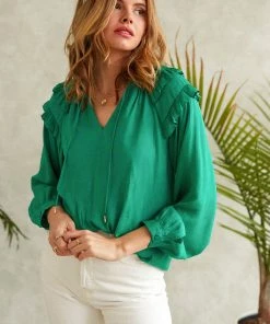 SKIES ARE BLUE Tops Adele Ruffled Split Neck Top