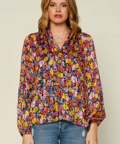 SKIES ARE BLUE Pleated Floral Print Blouse