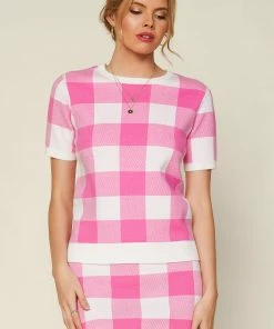 SKIES ARE BLUE Plaid Short Sleeve Sweater Sweaters