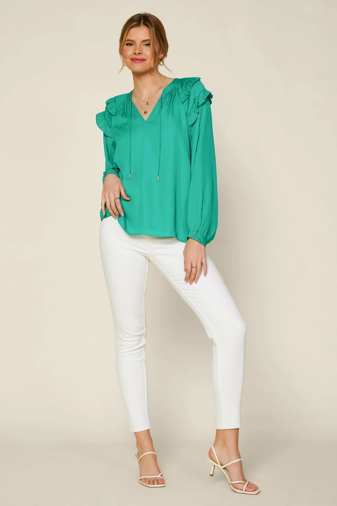 SKIES ARE BLUE Tops Adele Ruffled Split Neck Top 4 SKIES ARE BLUE Tops Adele Ruffled Split Neck Top