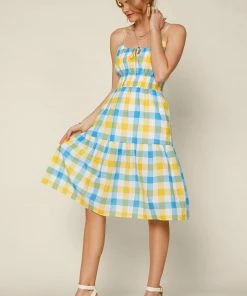 SKIES ARE BLUE New In Clothing Gingham Shirred Midi Dress