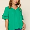 SKIES ARE BLUE Tiered Sleeve V Neck Blouse Tops