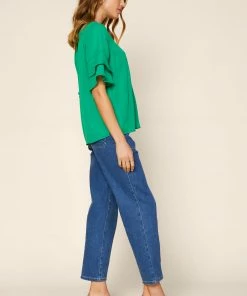 SKIES ARE BLUE Tiered Sleeve V Neck Blouse Tops