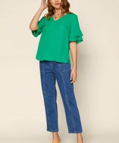 SKIES ARE BLUE Tiered Sleeve V Neck Blouse Tops