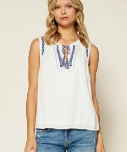 SKIES ARE BLUE Embroidered Tassel Tie Top Clothing 10 SKIES ARE BLUE Embroidered Tassel Tie Top Clothing