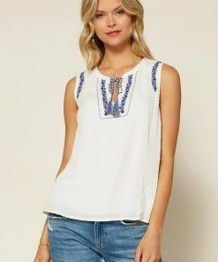 SKIES ARE BLUE Embroidered Tassel Tie Top Clothing