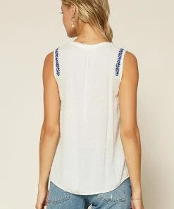 SKIES ARE BLUE Embroidered Tassel Tie Top Clothing