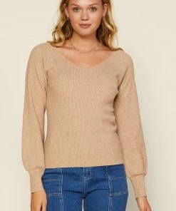 SKIES ARE BLUE Raglan Sleeve Ribbed Sweater