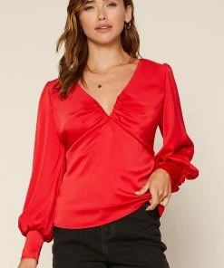 SKIES ARE BLUE Clothing Shirred V Neck Blouse