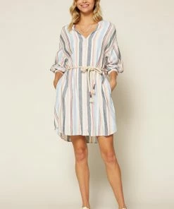 SKIES ARE BLUE Striped Linen Shirt Dress Clothing