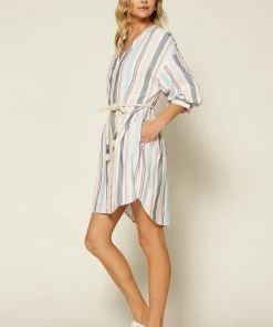 SKIES ARE BLUE Striped Linen Shirt Dress Clothing