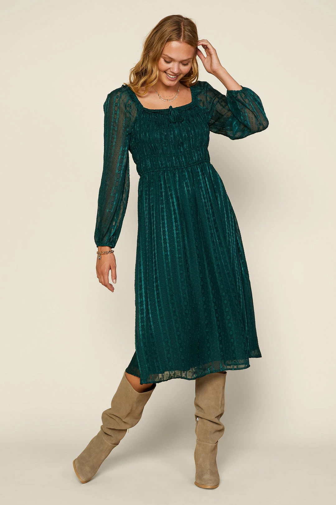 SKIES ARE BLUE Clothing Jacquard Smocked Midi Dress 4 SKIES ARE BLUE Clothing Jacquard Smocked Midi Dress