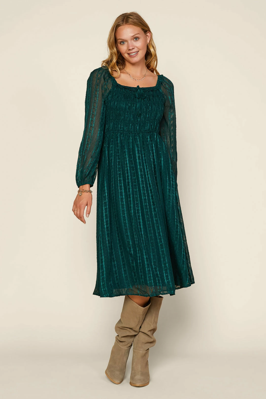 SKIES ARE BLUE Clothing Jacquard Smocked Midi Dress 7 SKIES ARE BLUE Clothing Jacquard Smocked Midi Dress