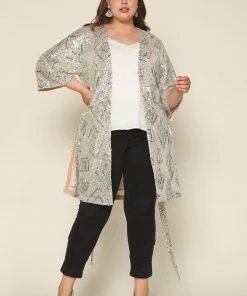 SKIES ARE BLUE Plus Size - Belted Sequin Duster Clothing