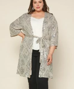 SKIES ARE BLUE Plus Size - Belted Sequin Duster Clothing