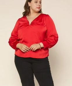 SKIES ARE BLUE Plus Size - Shirred V Neck Blouse Clothing