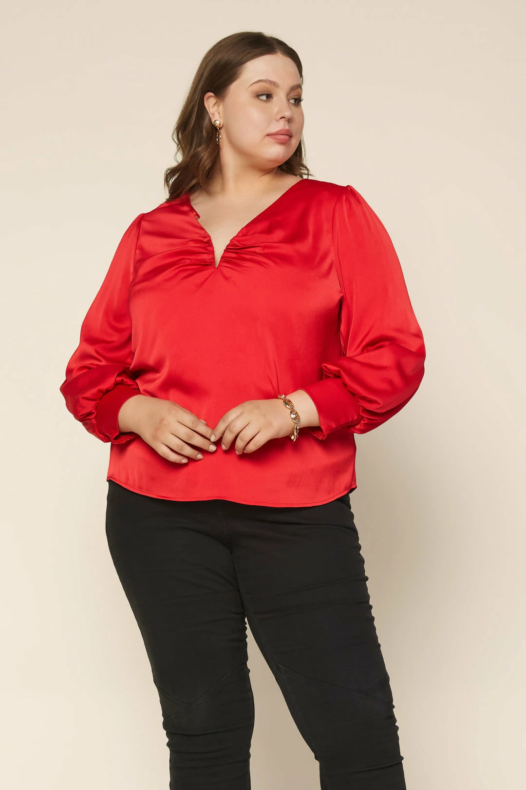 SKIES ARE BLUE Plus Size - Shirred V Neck Blouse Clothing 4 SKIES ARE BLUE Plus Size - Shirred V Neck Blouse Clothing