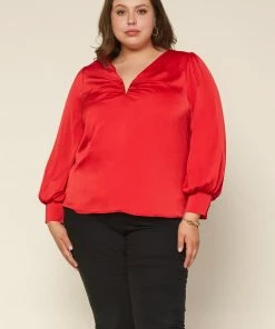 SKIES ARE BLUE Plus Size - Shirred V Neck Blouse Clothing