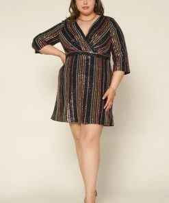 SKIES ARE BLUE Plus Size - Striped Sequin Dress Clothing